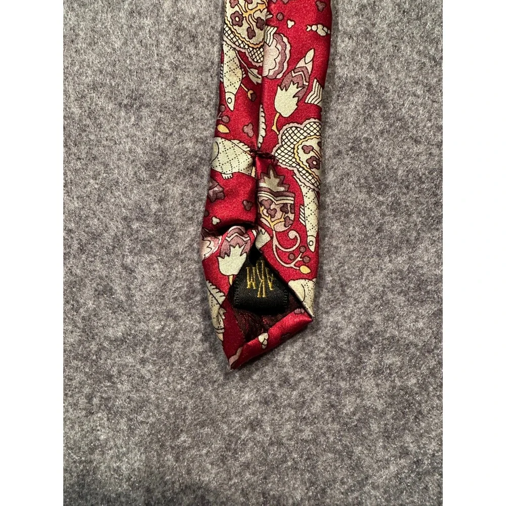 AKM Mens Silk Necktie Red Fish Floral Medallion Novelty Print Classic Tie